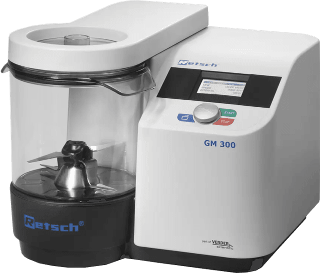 Retsch Knife Mill GRINDOMIX GM 300, complete with grinding container 5 litre of autoclavable plastic, standard lid, knife and scraper, 220–230 V, 50/60 Hz