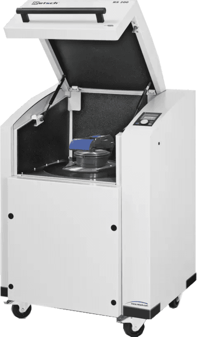 Retsch Vibratory Disc Mill RS 200, with carry handle for grinding sets, on wheels, 220–230 V, 50/60 Hz