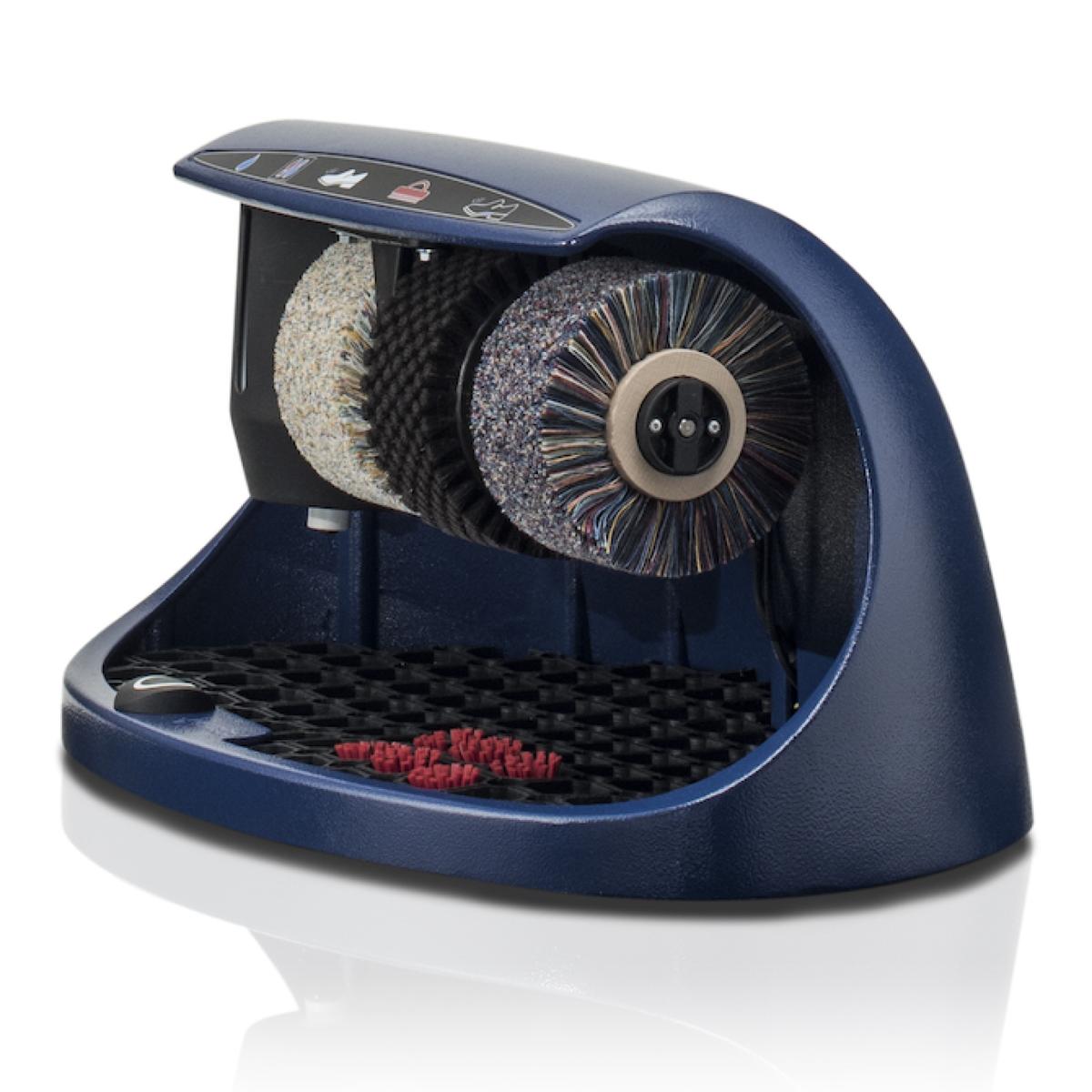 Heute shoes shine machine, model COSMO, (mm) 600 x 380 x 320, cast aluminum housing, 3 brushes, polish dispenser, foot sensor with timer, Blue