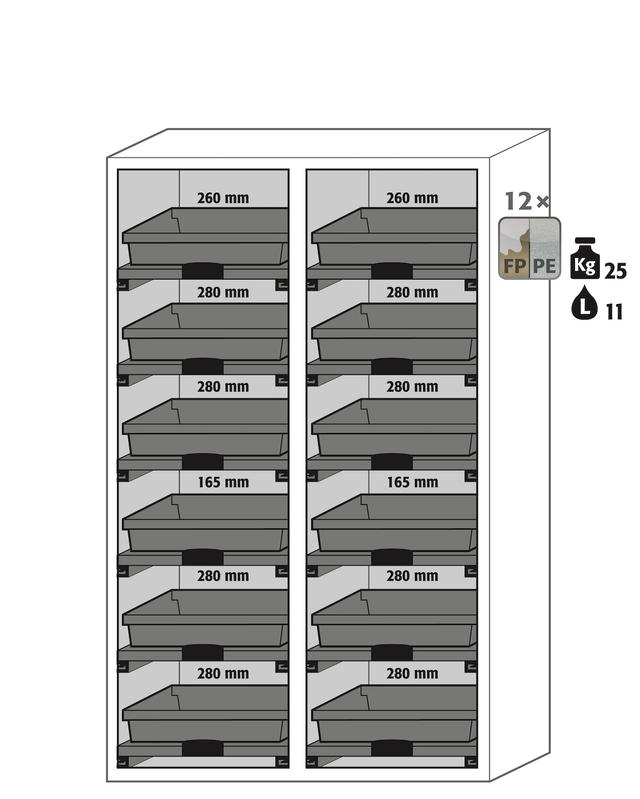 Asecos SLX-CLASSIC model SLX.230.120.MV cabinet, (mm) 1197 x 615 x 2300,  left 6x pull-out shelf; PP; right 6x pull-out shelf; PP