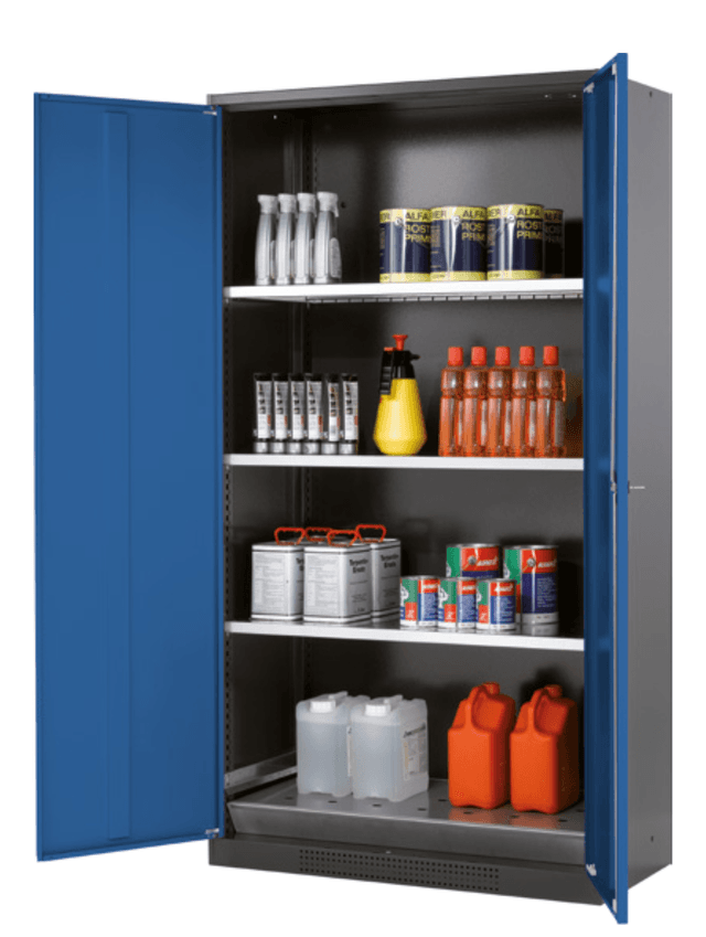 Asecos CS-CLASSIC model CS.195.105 cabinet, (mm) 1055 x 520 x 1950,  3x shelf, 1x perforated insert, 1x bottom collecting sump; galvanised steel