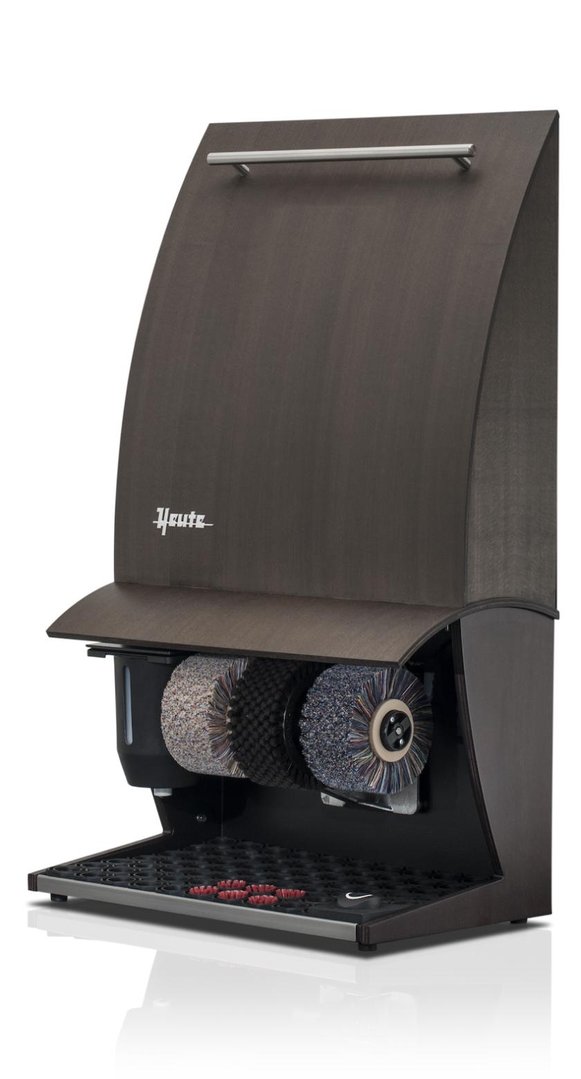 Heute shoes shine machine, model ELÉGANCE NATURE PLUS, (mm) 500 x 300 x 860, Natural wood, 3 brushes, polish dispenser, foot sensor with timer, Dark walnut