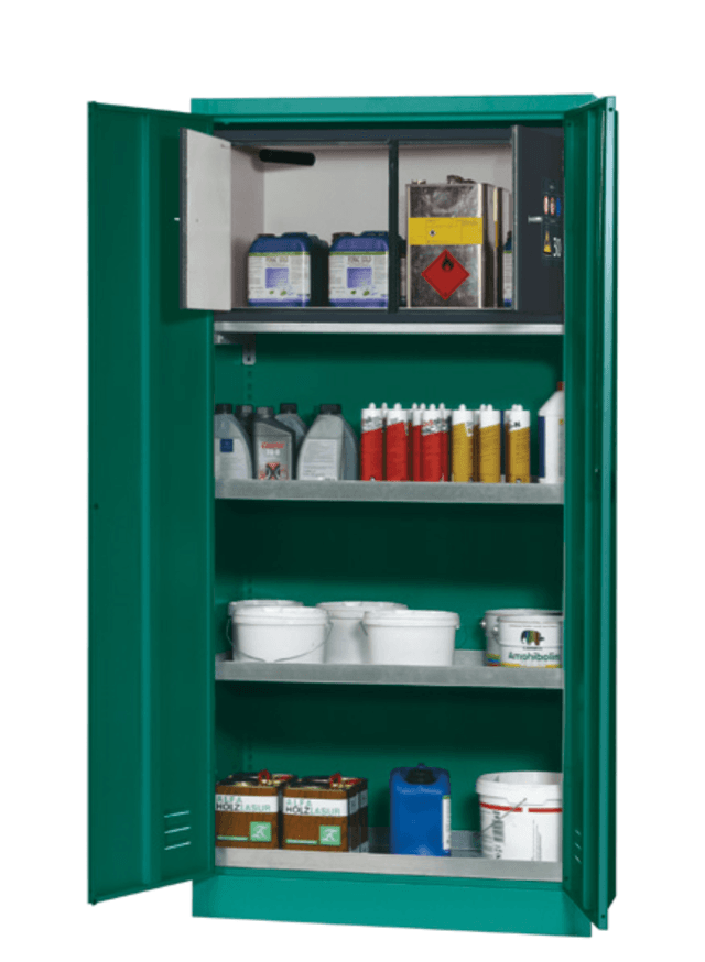 Asecos E-PSM model EP.195.095 cabinet, (mm) 950 x 50 x 1950,  3x tray shelf, 1x bottom collecting sump; galvanised steel