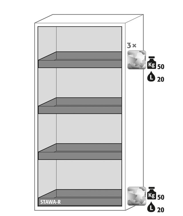 Asecos E-PSM model EP.195.095 cabinet, (mm) 950 x 50 x 1950,  3x tray shelf, 1x bottom collecting sump; galvanised steel