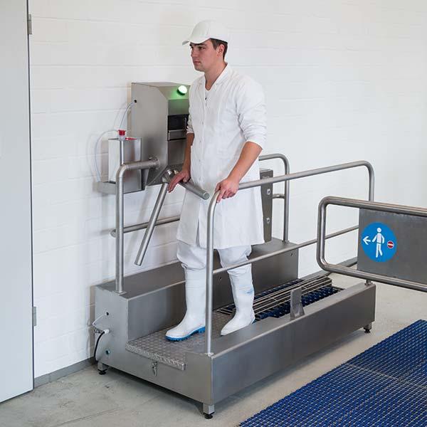 NEPTUN HCS 1 boots cleaning machine, stepping by, integrated hand disinfection unit, WDH (mm) 1620 x 910 x 1670