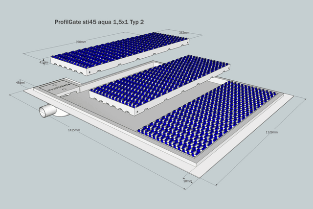 ProfilGate® sti45 Aqua wet cleaning and disinfection system, WLH (mm) 764 x 1997 x 45, 1 x V2A-Tray, 4 x Grate