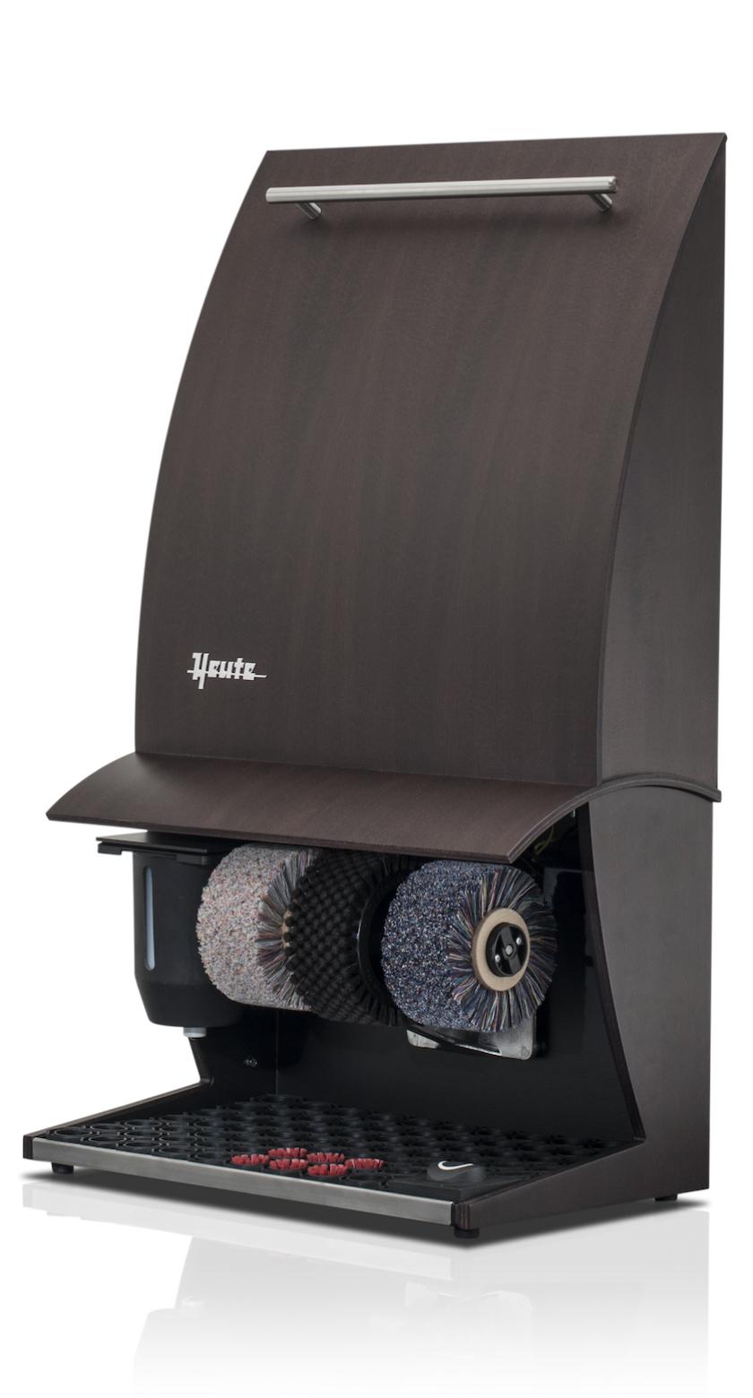 Heute shoes shine machine, model ELÉGANCE NATURE PLUS, (mm) 500 x 300 x 860, Natural wood, 3 brushes, polish dispenser, foot sensor with timer, Mahogany