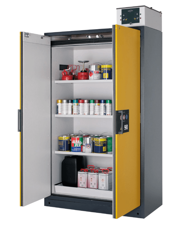 Asecos Q-CLASSIC-90 model Q90.195.120 cabinet, (mm) 1193 x 615 x 1953,  3x shelf, 1x perforated insert, 1x bottom collecting sump; steel