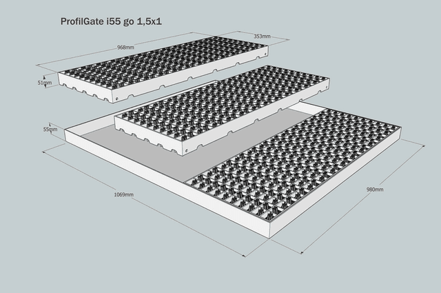 ProfilGate® i55 go, WLH (mm) 1069 x 980 x 55, 1 x V2A-Tray, 3 x Grate