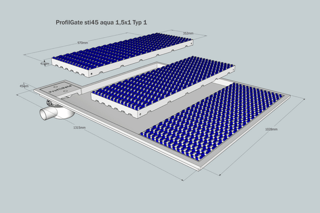 ProfilGate® sti45 Aqua wet cleaning and disinfection system, WLH (mm) 1473 x 1026 x 45, 1 x V2A-Tray, 4 x Grate