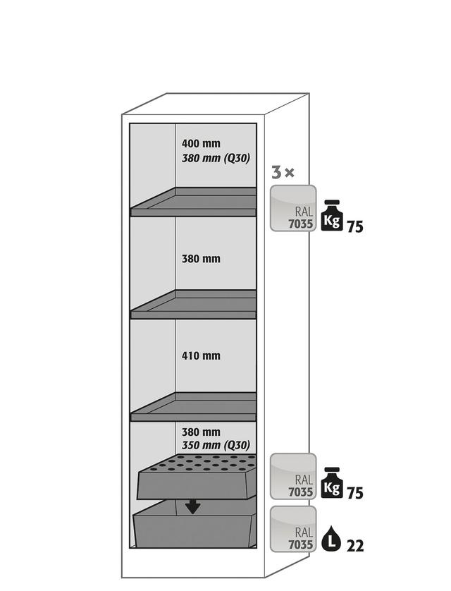 Asecos FX-PEGASUS-90 model FX90.229.060.WDAC cabinet, (mm) 599 x 615 x 2294,  3x shelf, 1x perforated insert, 1x bottom collecting sump; steel