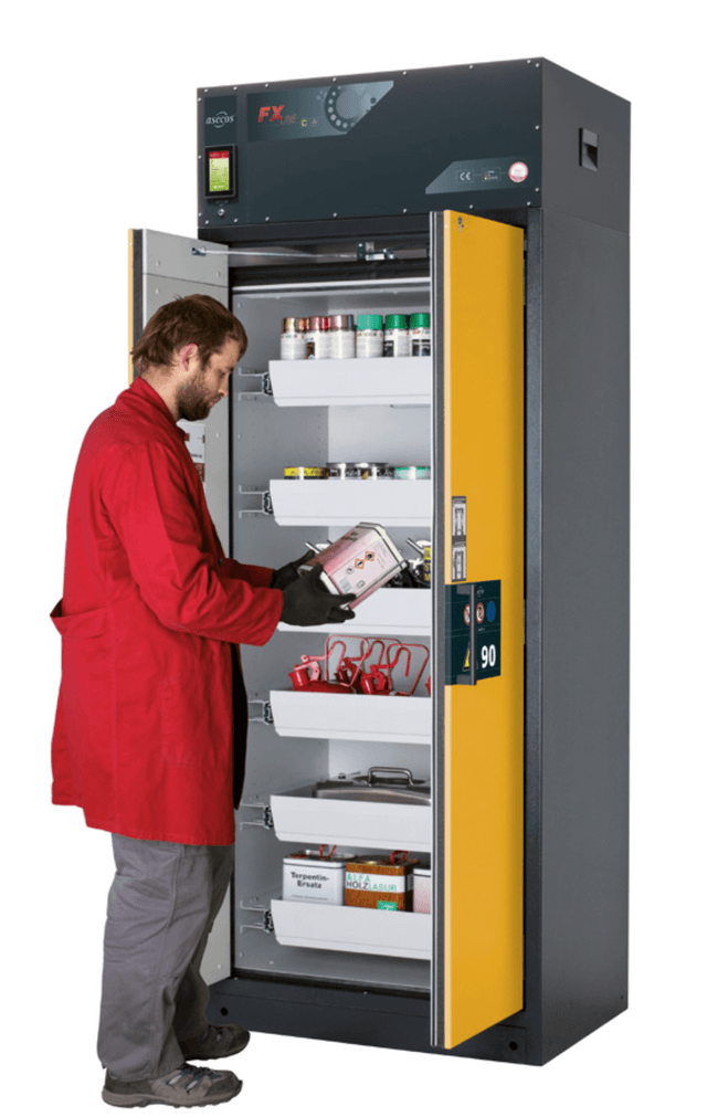 Asecos FX-PEGASUS-90 model FX90.229.090.WDAC cabinet, (mm) 893 x 615 x 2294,  3x shelf, 1x perforated insert, 1x bottom collecting sump; steel