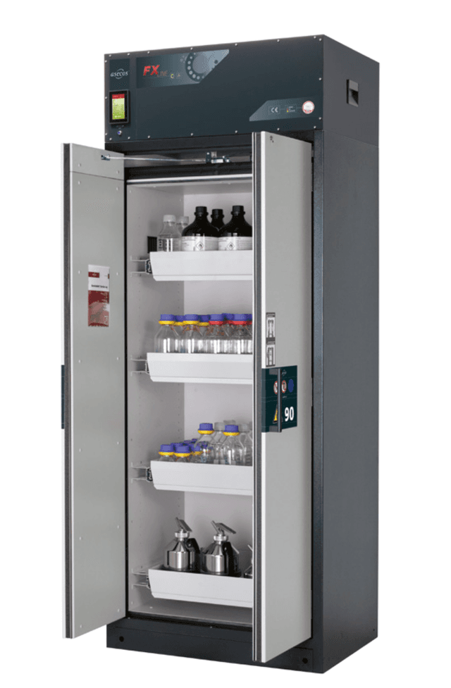 Asecos FX-PEGASUS-90 model FX90.229.090.WDAC cabinet, (mm) 893 x 615 x 2294,  3x shelf, 1x perforated insert, 1x bottom collecting sump; steel