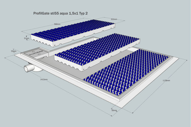 ProfilGate® sti55 Aqua wet cleaning and disinfection system, WLH (mm) 764 x 1995 x 55, 1 x V2A-Tray, 4 x Grate