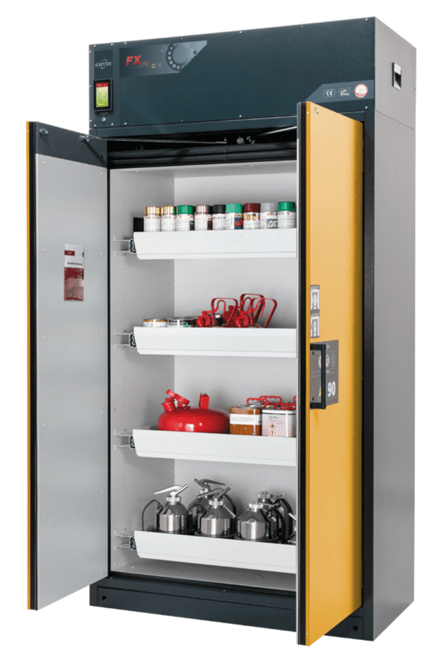 Asecos FX-PEGASUS-90 model FX90.229.120.WDAC cabinet, (mm) 1193 x 615 x 2294,  3x shelf, 1x perforated insert, 1x bottom collecting sump; steel