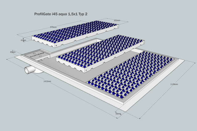 ProfilGate® i45 Aqua wet cleaning and disinfection system, WLH (mm) 1829 x 2967 x 45, 1 x V2A-Tray, 15 x Grate