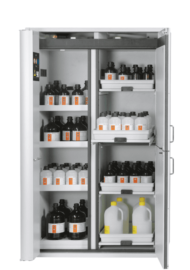 Asecos K-PHOENIX-90 model K90.196.120.MF.FWAS cabinet, (mm) 1197 x 617 x 1969,  left 3x shelf, 1x perforated insert, 1 bottom collecting sump; steel; top right 2x pull-out shelf, bottom right 2x pull-out shelf; PP