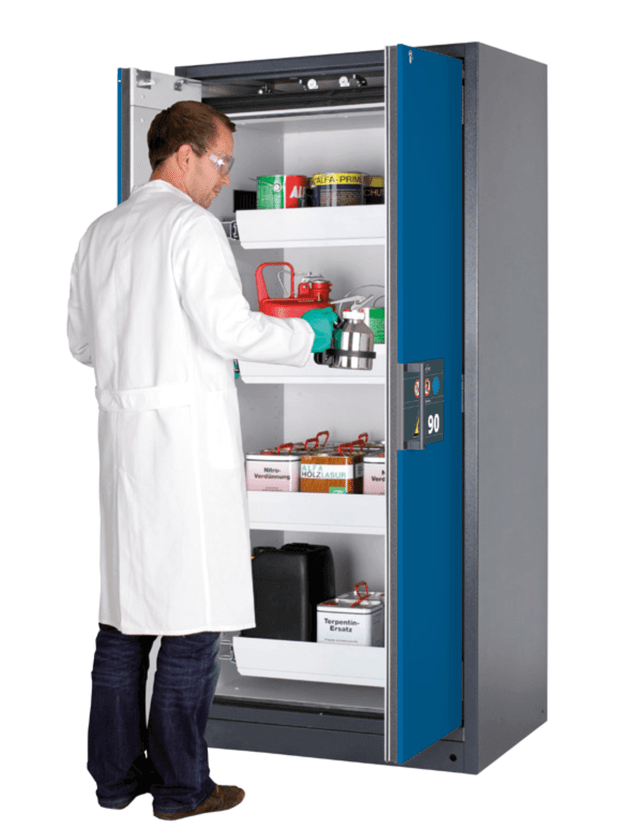 Asecos Q-CLASSIC-90 model Q90.195.090 cabinet, (mm) 893 x 615 x 1953,  3x shelf, 1x perforated insert, 1x bottom collecting sump; steel