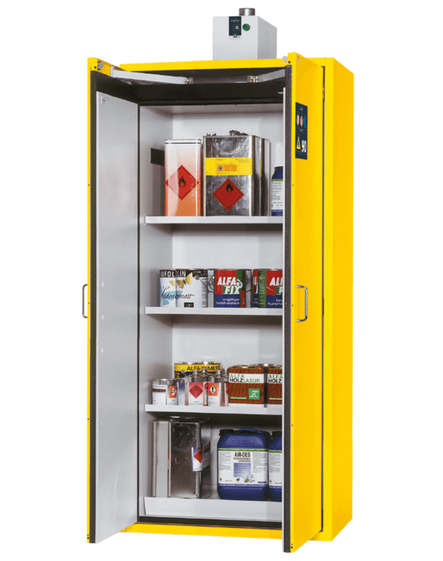 Asecos S-CLASSIC-90 model S90.196.090 cabinet, (mm) 896 x 616 x 1968,  3x shelf, 1x perforated insert, 1x bottom collecting sump; steel