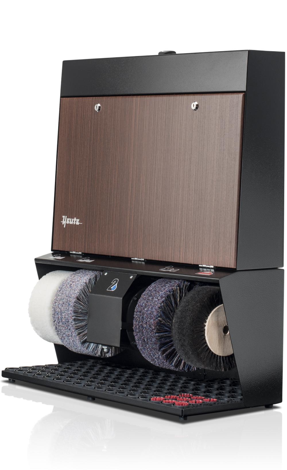 Heute shoes shine machine, model POLIFIX 4, (mm) 770 x 390 x 930, powder-coated steel housing, 4 brushes, polish dispenser, touch sensor with timer, Jacaranda door