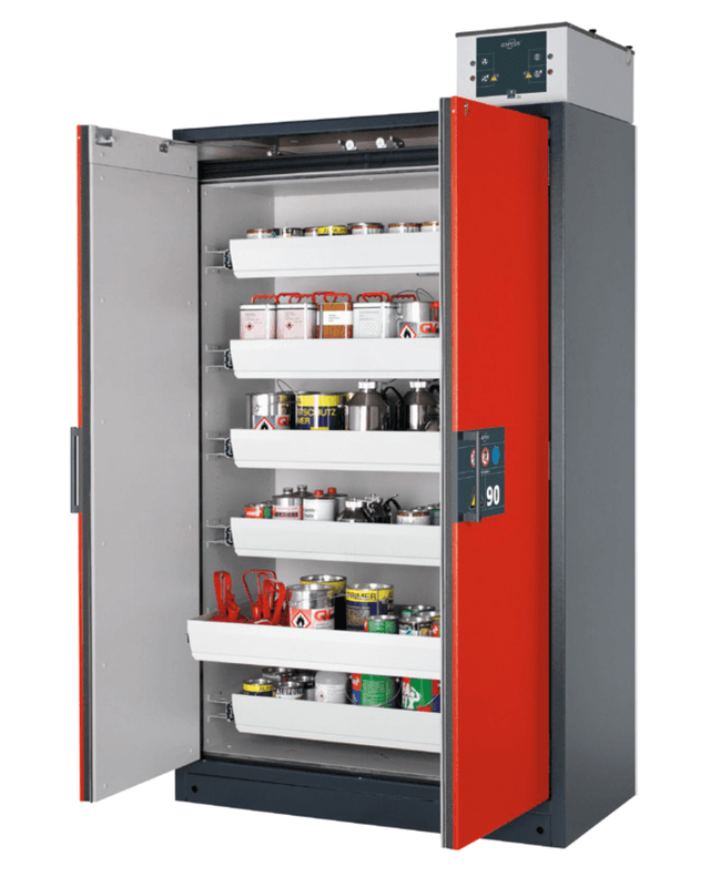 Asecos Q-CLASSIC-90 model Q90.195.120 cabinet, (mm) 1193 x 615 x 1953,  3x shelf, 1x perforated insert, 1x bottom collecting sump; steel