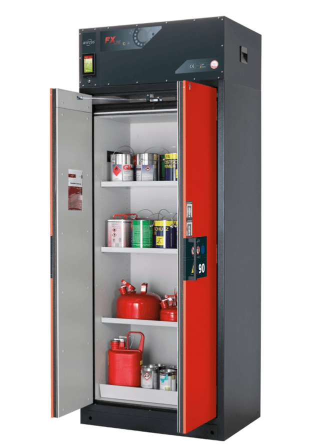 Asecos FX-PEGASUS-90 model FX90.229.090.WDAC cabinet, (mm) 893 x 615 x 2294,  3x shelf, 1x perforated insert, 1x bottom collecting sump; steel