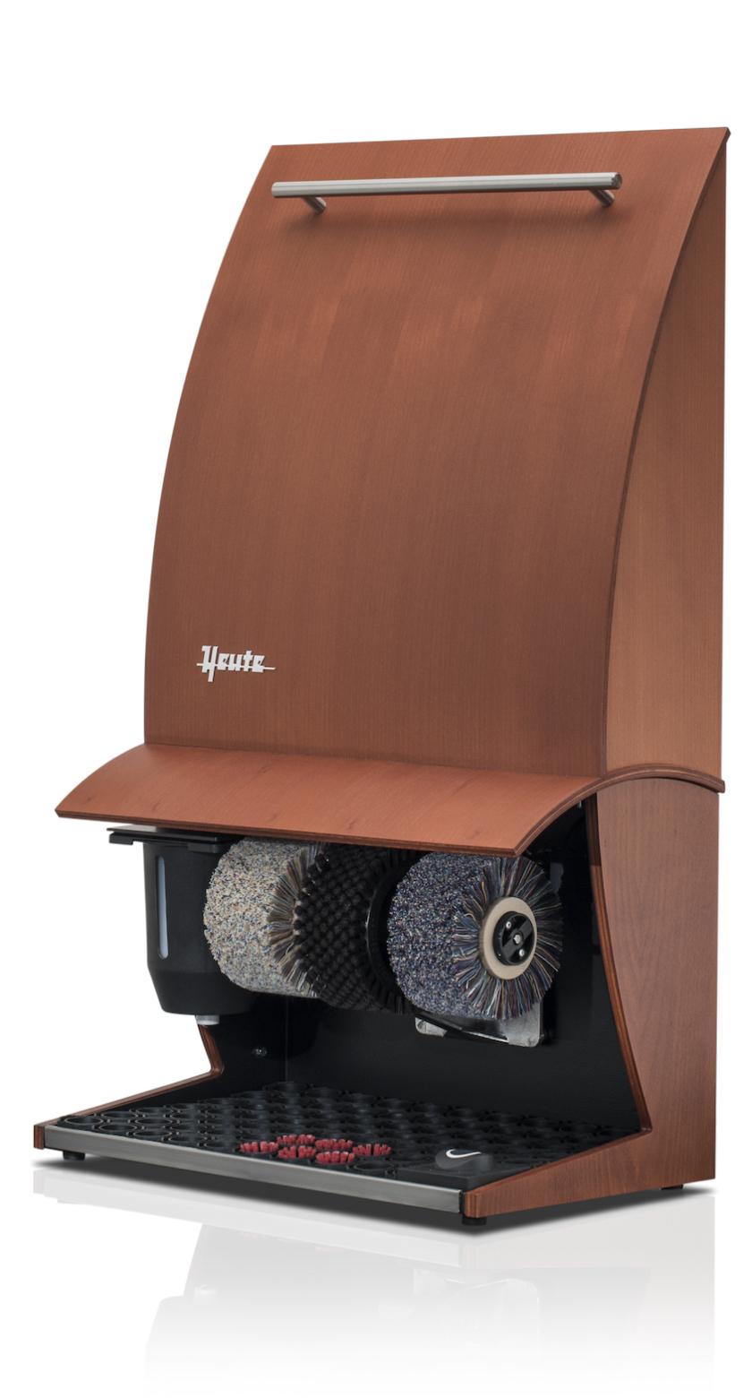 Heute shoes shine machine, model ELÉGANCE NATURE PLUS, (mm) 500 x 300 x 860, Natural wood, 3 brushes, polish dispenser, foot sensor with timer, Cherry