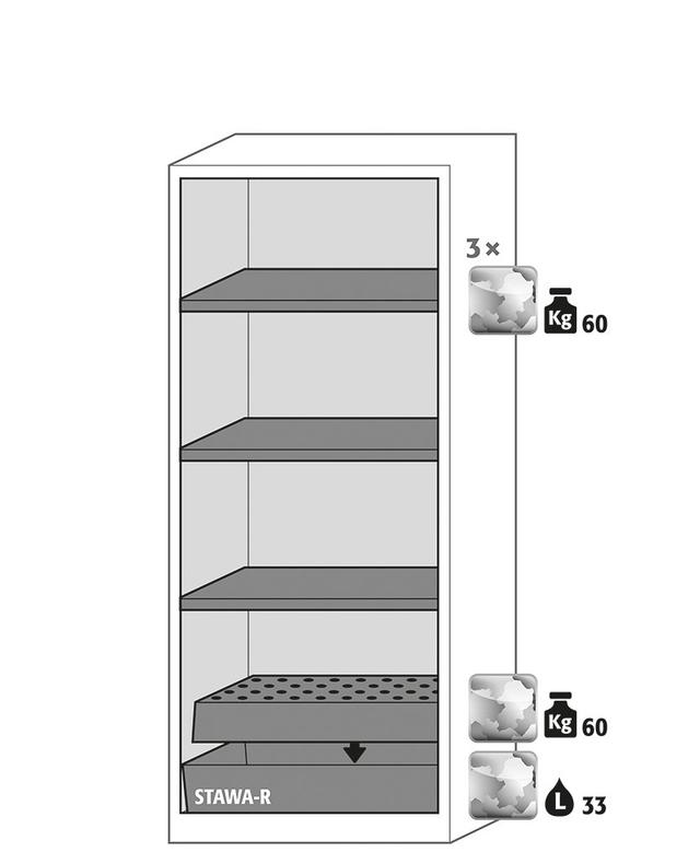 Asecos CS-CLASSIC model CS.195.081 cabinet, (mm) 810 x 520 x 1950,  3x shelf, 1x perforated insert, 1x bottom collecting sump; galvanised steel