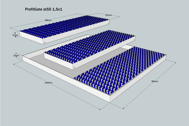 ProfilGate® st55, WLH (mm) 1069 x 980 x 55, 1 x V2A-Tray, 3 x Grate