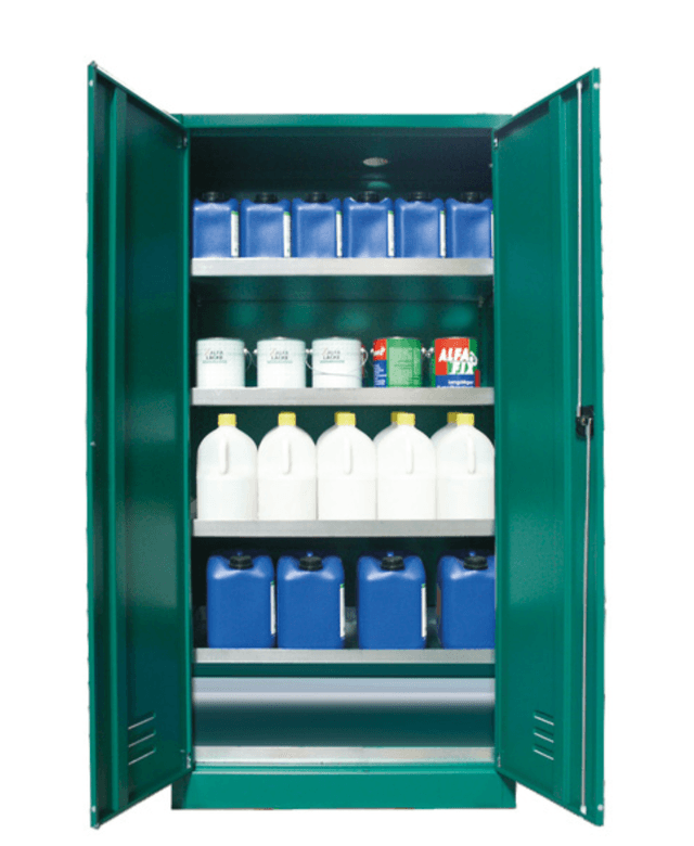 Asecos E-PSM model EP.195.095 cabinet, (mm) 950 x 50 x 1950,  3x tray shelf, 1x bottom collecting sump; galvanised steel