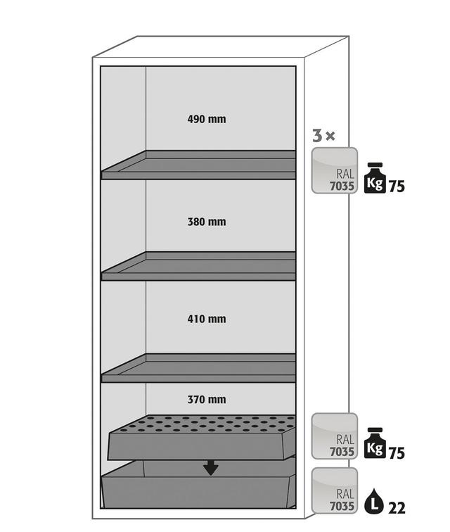 Asecos S-CLASSIC-90 model S90.196.090 cabinet, (mm) 896 x 616 x 1968,  3x shelf, 1x perforated insert, 1x bottom collecting sump; steel