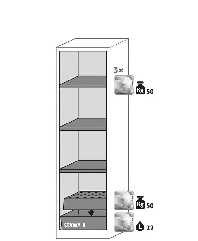 Asecos CS-CLASSIC model CS.195.054 cabinet, (mm) 545 x 520 x 1950,  3x shelf, 1x perforated insert, 1x bottom collecting sump; galvanised steel