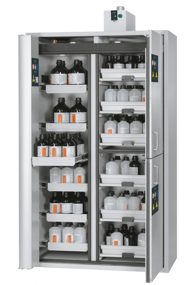 Asecos K-PHOENIX-90 model K90.196.120.MF.FWAS cabinet, (mm) 1197 x 617 x 1969,  left 3x shelf, 1x perforated insert, 1 bottom collecting sump; steel; top right 2x pull-out shelf, bottom right 2x pull-out shelf; PP