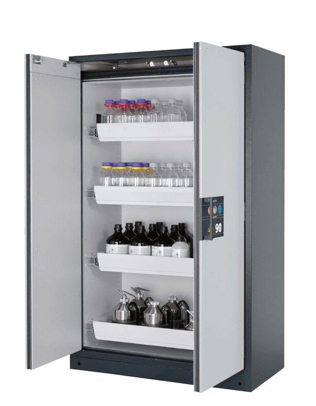 Asecos Q-CLASSIC-90 model Q90.195.120 cabinet, (mm) 1193 x 615 x 1953,  3x shelf, 1x perforated insert, 1x bottom collecting sump; steel