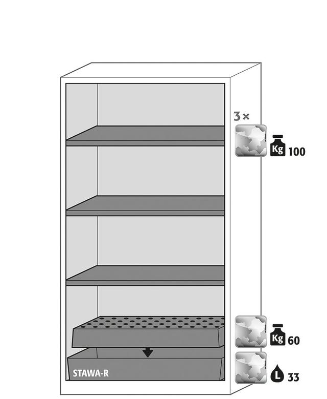 Asecos CX-CLASSIC-G model CX.229.105.WDFW cabinet, (mm) 1055 x 520 x 2290,  3x shelf, 1x perforated insert, 1x bottom collecting sump; galvanised steel