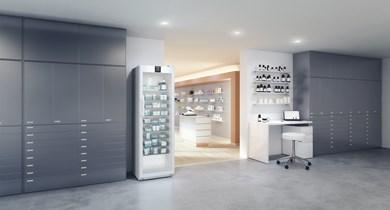 Liebherr HMFvh 4011 pharmaceutical refridgerator, +5 °C, 420 L, (mm) 597 x 654 x 1884, fan-assisted cooling, compliant with DIN 13277, glass door