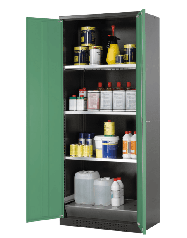 Asecos CS-CLASSIC model CS.195.081 cabinet, (mm) 810 x 520 x 1950,  3x shelf, 1x perforated insert, 1x bottom collecting sump; galvanised steel