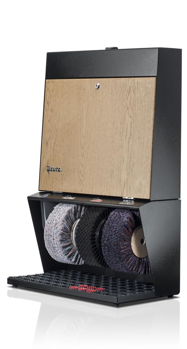 Heute shoes shine machine, model POLIFIX 3, (mm) 560 x 310 x 850, powder-coated steel housing, 3 brushes, polish dispenser, touch sensor with timer, Bright oak door