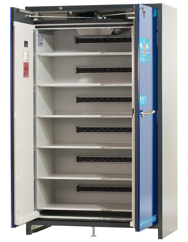 Asecos ION-ULTRA-90 model IO90.195.120.065.WDEL battery charging and storing cabinet, grey RAL 7016 & blue RAL 5010, (mm) 1193 x 650 x 1953, 6x insulated shelf incl. outlet strips, 1x bottom collecting sump (V=2.85L); Powder-coated sheet steel Asecos ION-ULTRA-90 model IO90.195.120.065.WDEL battery charging and storing cabinet, grey RAL 7016 & blue RAL 5010, (mm) 1193 x 650 x 1953, 6x insulated shelf incl. outlet strips, 1x bottom collecting sump (V=2.85L); Powder-coated sheet steel